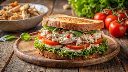 A rustic wooden table displays a mouthwatering chicken salad sandwich with tomato and mozzarella slices, nestled in a bed of fresh lettuce, and a touch of red pepper flakes for a burst of flavor.