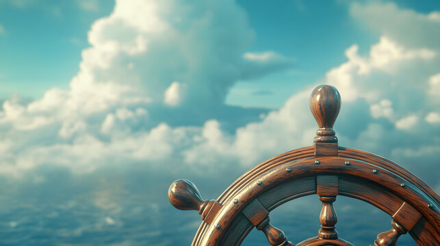 Charting New Paths: An Intricate Ship Wheel on a Seafaring Vessel Against a Backdrop of Endless Ocean