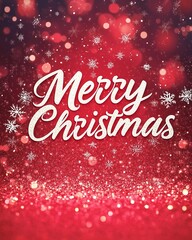 Fototapeta premium Cartolina d'auguri Merry Christmas decorata con fiocchi di neve e stelline. Scritta bianca su sfondo rosso.