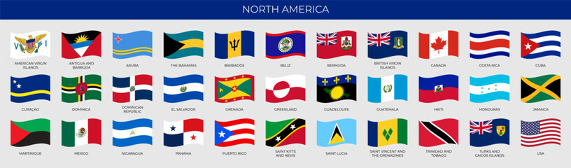 A set of wave-shaped flags of North American countries. Detailed national flags of North and Central America countries, including small states and dependent territories. Vector illustration