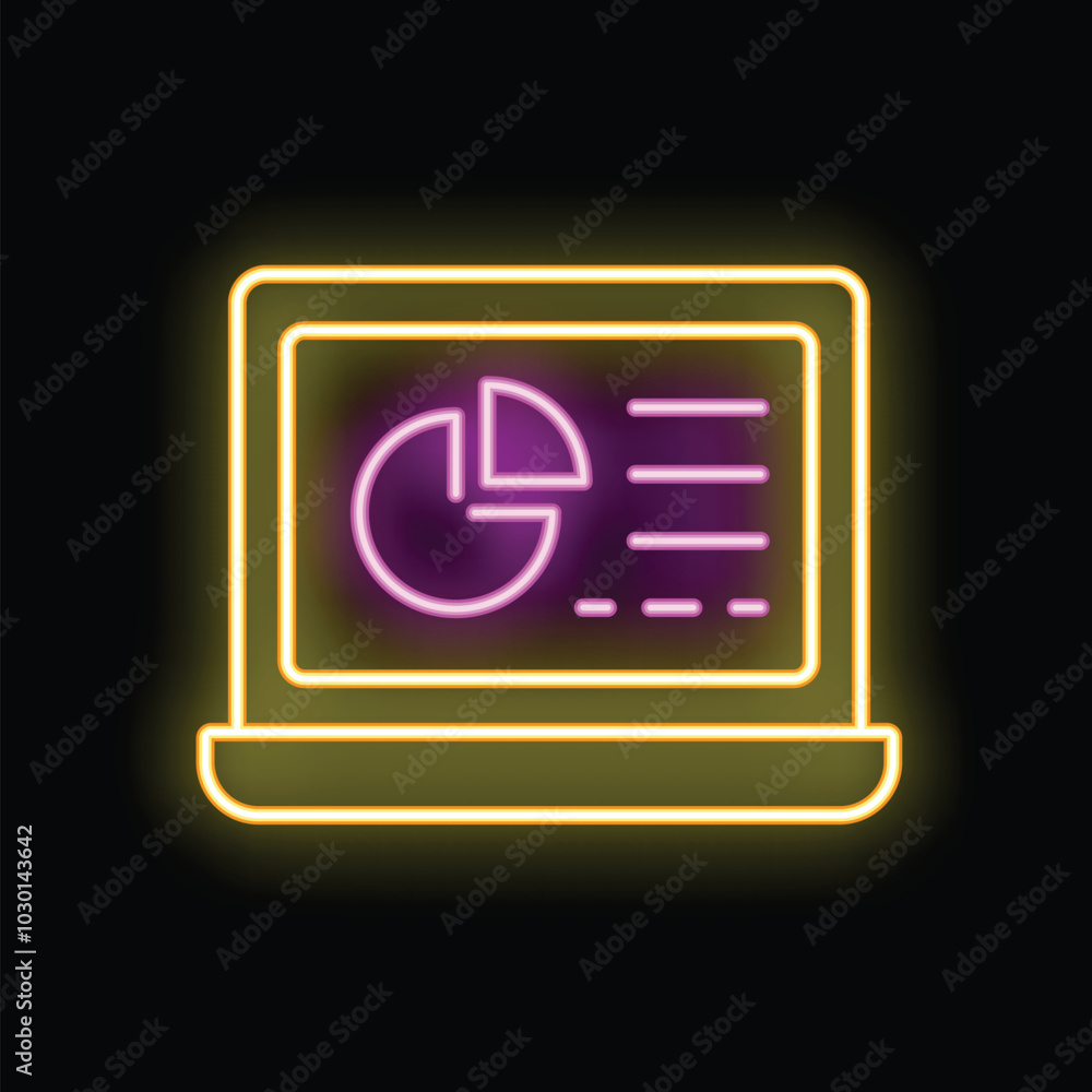 Poster neon icon of laptop displaying colorful business graph with market analysis data