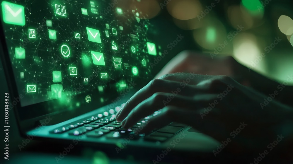 Poster hands typing on a laptop with green email icons floating above the screen.