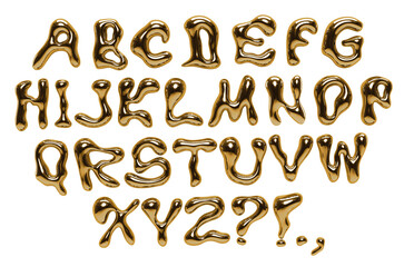 3d golden liquid font. Gold bubble typeface. Liquid metal letters. Y2K style alphabet. Font with dripping glossy effect. Letters with molten metal effect. Metallic, fluid surface with reflections