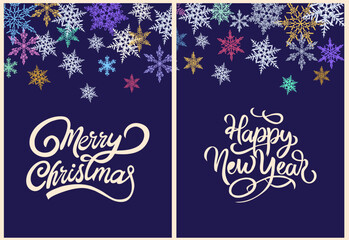 Set of Marry Christmas an Happy New Year greeting cards with colorful snowflakes border and calligraphy hand written text on dark blue background. Vector illustration with lettering and line drawing.