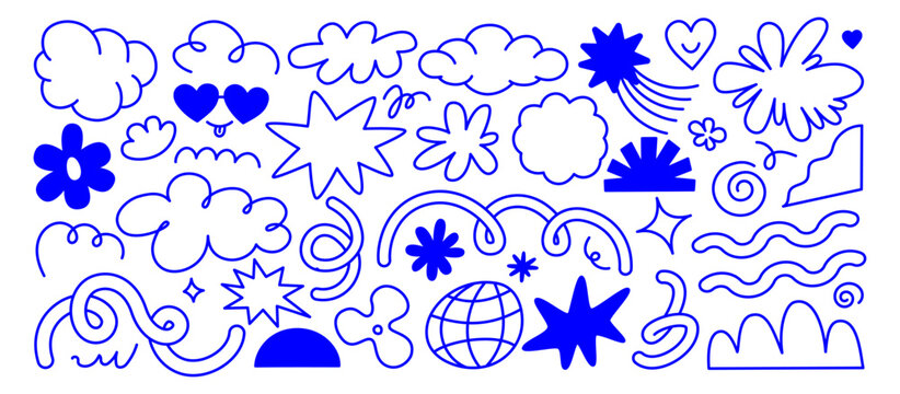 Vector set of minimalist design elements, flowers, doodles, scribbles - abstract background elements for branding, packaging, prints and social media posts