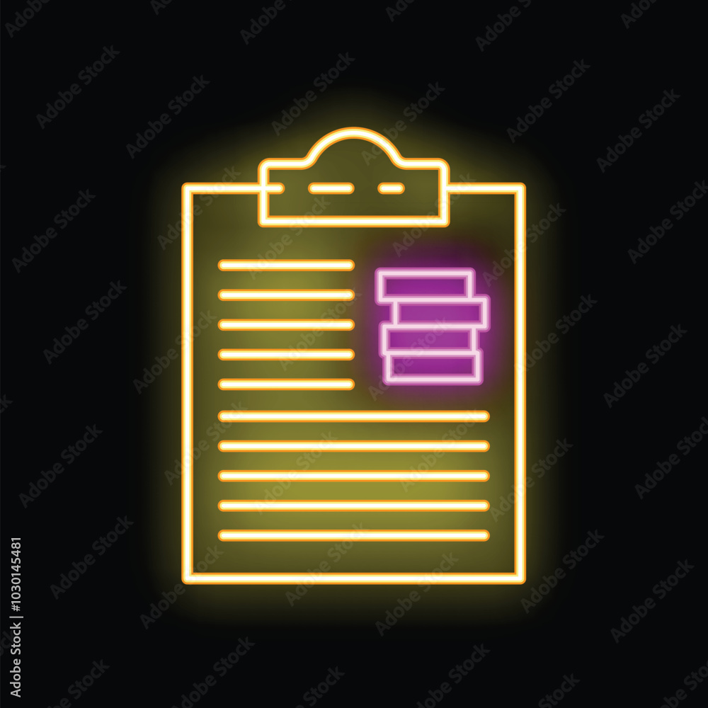 Poster yellow neon icon showing a clipboard with a checklist on it, representing task management or survey 
