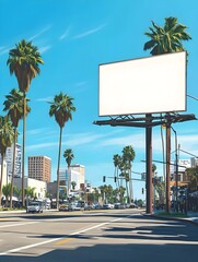 Sunny Day on a Bustling City Street with Empty Billboard and Palm Trees