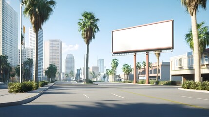 Sunny Day on a Bustling City Street with Empty Billboard and Palm Trees