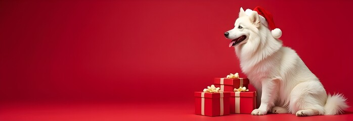 Funny Samoyed Laika in Santa Claus hat sits in a pile of New Year gifts. Free space for text. Preparation for New Year and Christmas. Christmas shopping