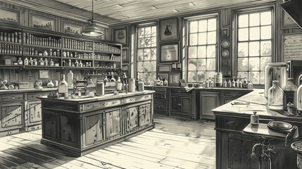 Generate an old engraving style illustration of a Victorian-era scientific laboratory