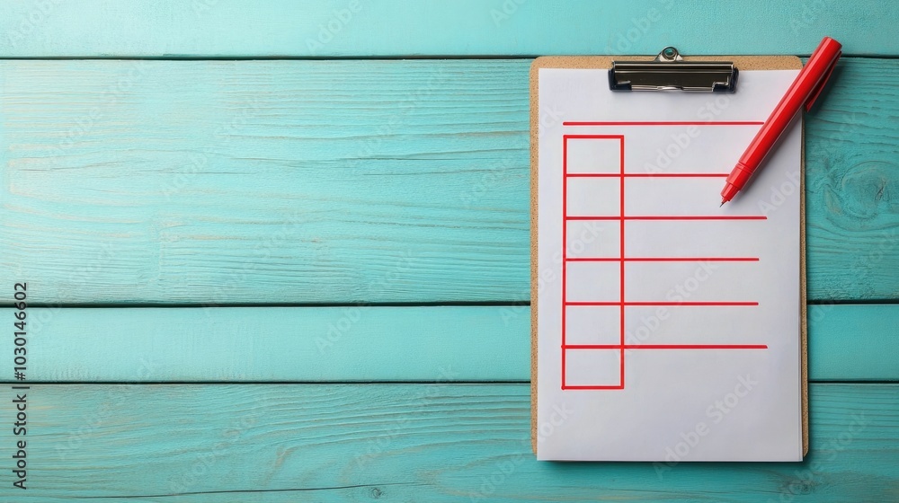 Poster top view of a clipboard with a assurance checklist on a wooden desk with a red marker checking the b