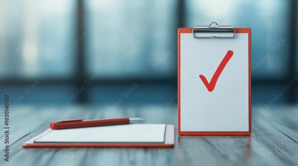 Poster assurance checklist with red ticks on clipboard and documents on desk for business process document 