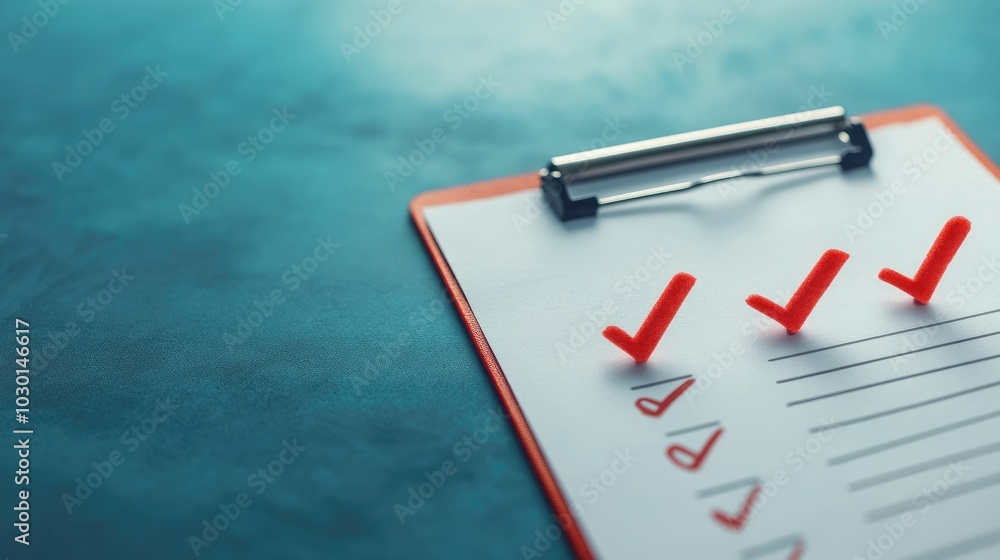 Poster assurance checklist with red marker ticks on clipboard and documents on office desk concept of docum