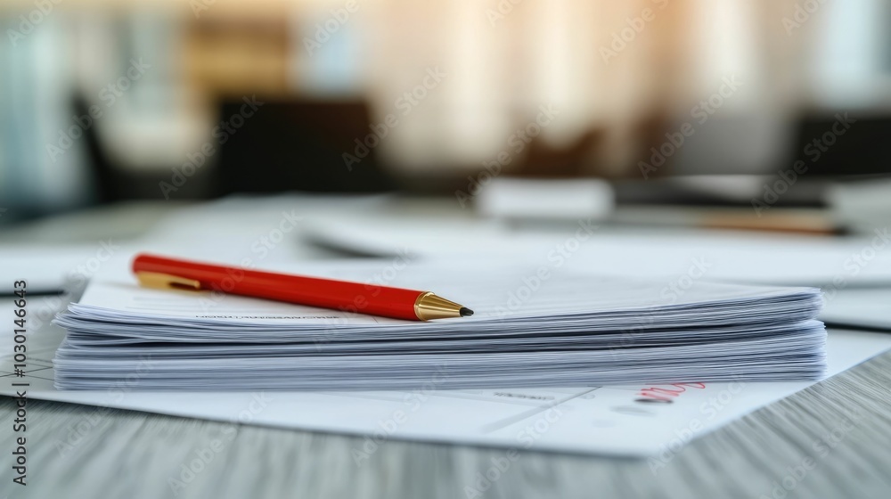 Poster scattered documents and control form with red marker corrections on a cluttered office desk signifyi