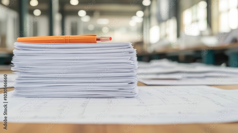 Poster control form with scattered paperwork and red marker corrections on office desk representing process