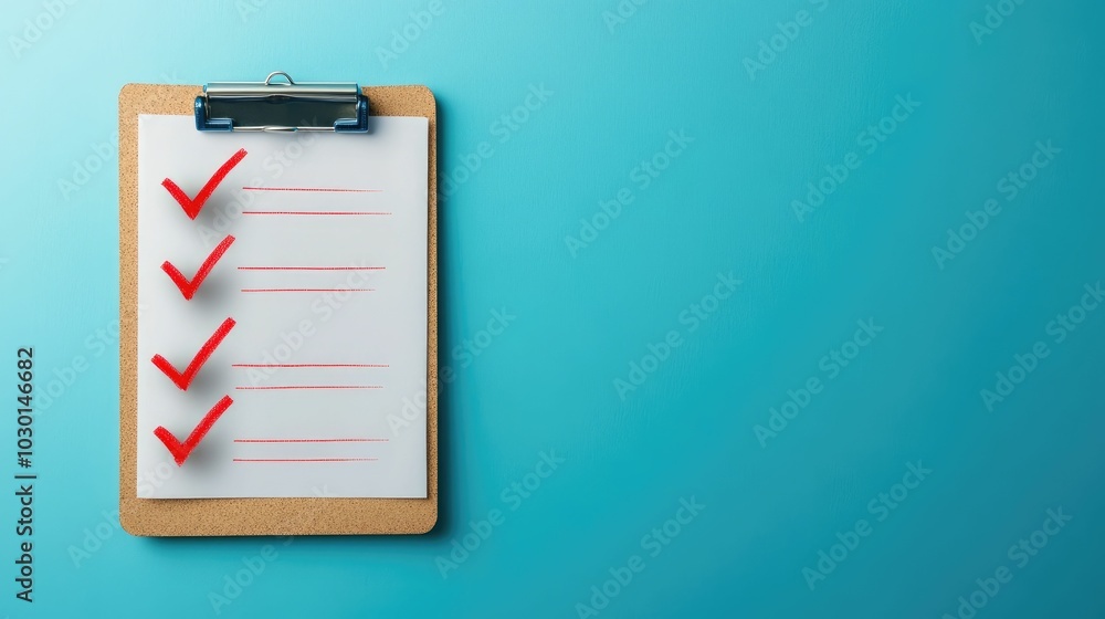 Poster checklist on a clipboard with red marker ticks and corrections symbolizing a assurance review verifi