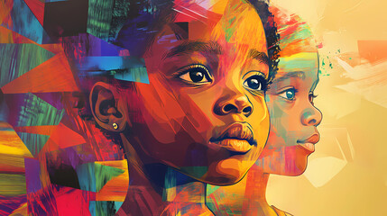 Obraz premium Dramatic Illustration of African American children with colorful background elements