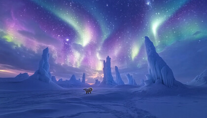 Fototapeta premium Towering ice spires protrude from a flat, snowy tundra, each glowing with swirling colors from a nearby aurora borealis