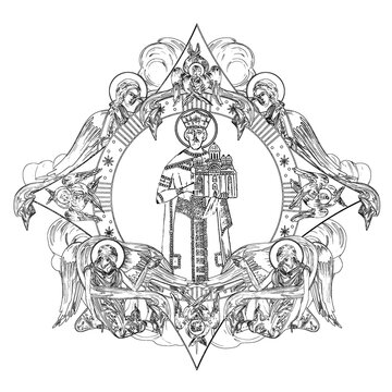 recommend clip art: Stefan Lazarevich (name english). Religious dome with apostles and angels in sky. Coloring page in Byzantine style