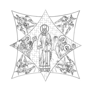 recommend clip art: Saint Avvakum (name english). Cross dome with 4 apostles, angels and seraphim. Coloring page in Byzantine style