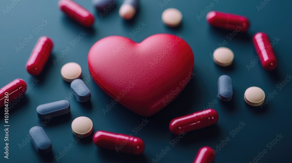 Poster cross section of a glowing heart symbolically absorbing vitamins and supplements from a variety of c