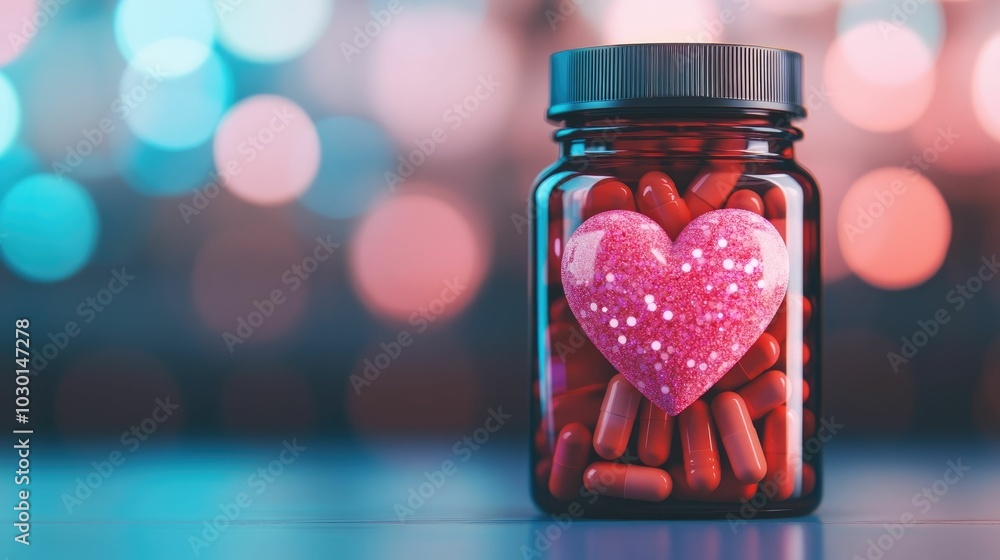 Poster vibrant abstract image of a heart shaped pill bottle filled with radiant vitamins and supplements sh