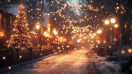 Festive winter street with lights and a Christmas tree.