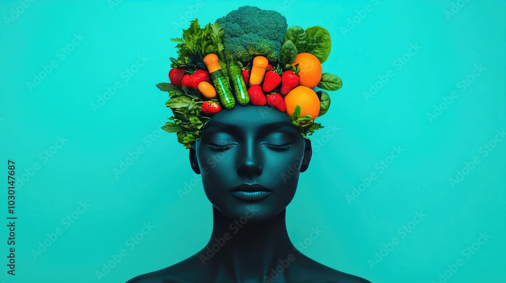 Poster conceptual portrait of a face illuminated by glowing nutrient streams from healthy supplements surro
