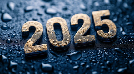 Golden metal texture number decoration representing the year 2025 placed on a dark blue background with water droplets. Top view. New Year, year-end, event, festival, party, celebration, start
