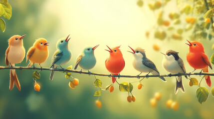 Adorable illustration of singing chirping birds on branches colorful cute birds and branches with leaves cheerful happy rejoicing fauna symphony birdsong outdoors light blue background + copy space
