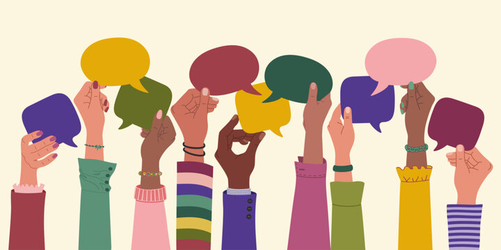 Multiracial hands holding speech bubbles, ideas exchange. Concept of teamwork, cooperation and communication. Hand drawn vector illustration isolated on light background.Modern flat cartoon style.