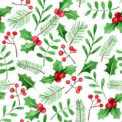 watercolor seamless pattern with christmas plants. simple print