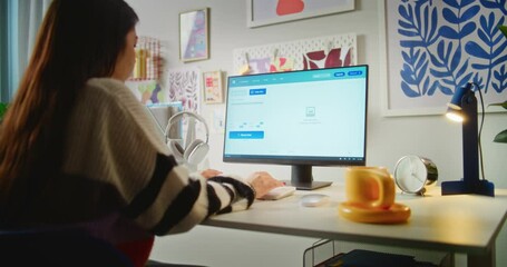 Back view of girl typing prompt in artificial intelligence app on personal computer. AI video generator generates detailed high-quality video of funny dog. Advanced AI generated video. Dolly Shot. - Powered by Adobe