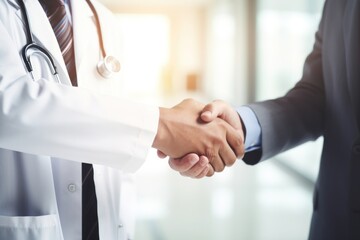 A doctor shakes hands with a patient in a hospital handshake adult stethoscope.