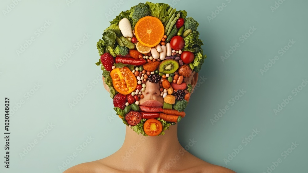 Poster digital image depicting radiant glowing skin made from a vibrant array of nourishing fruits vegetabl
