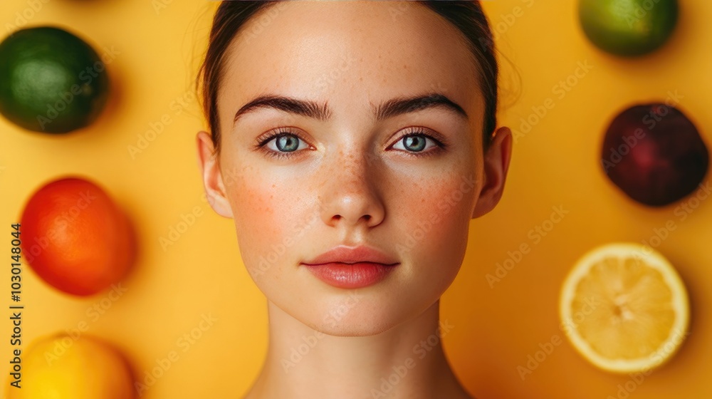 Poster radiant glowing skin surrounded by a vibrant array of nutrient rich orbs representing the essential 