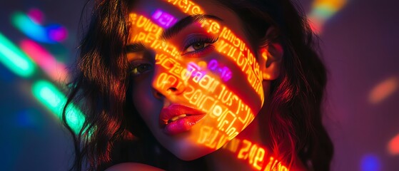 Beauty shot of a woman with neon signs reflecting colorful light and shadow onto her skin