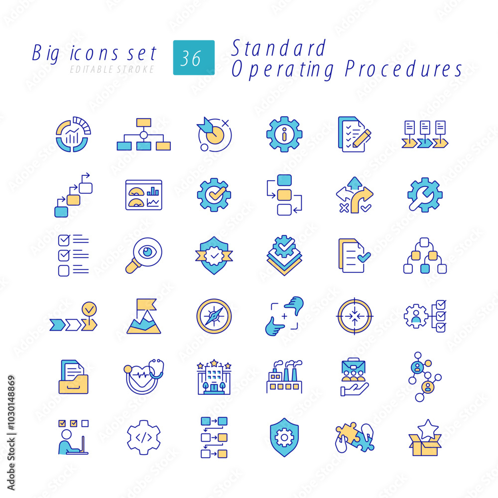 Poster standard operating procedures rgb color icons set. documentation organization, efficiency monitoring