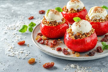 Baked apples with ice cream, raisins, and cinnamon copy space food photography