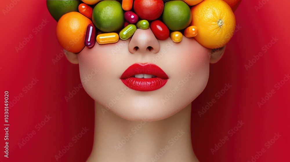 Poster vibrant portrait of a face surrounded by a dazzling array of colorful fruits vegetables and other nu