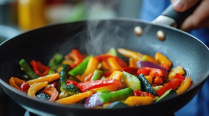 Close up view of colorful steamed vegetables fried in a frying pan mixed and tossed. Cooking process, healthy food, vegetarian cuisine. delicious taste,