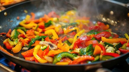 Close up view of colorful steamed vegetables fried in a frying pan mixed and tossed. Cooking process, healthy food, vegetarian cuisine. delicious taste,