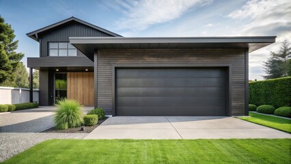 Minimalist Craftsman style house with sleek black garage door overlooking a small lawn