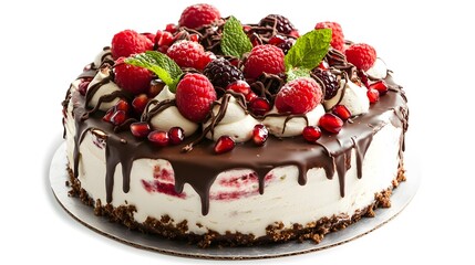 cake covered with berries of raspberry strawberry pomegranate mint leaves doused with chocolate on an isolated white background. 