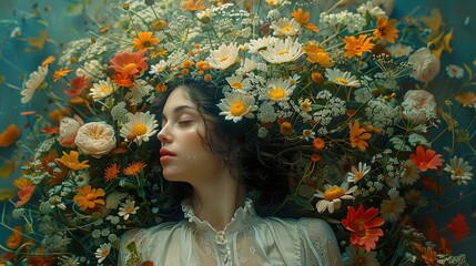 Woman Surrounded by Flowers: A Dreamy Portrait