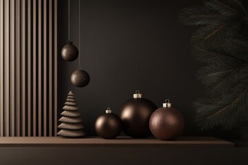 Minimalistic christmas decor with brown ornaments and tree on dark background