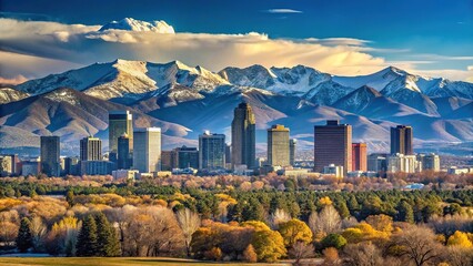 Minimalist Denver skyline against a background of mountains