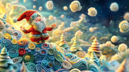 Fototapeta premium A stunning 3D quilled Christmas tree adorned with vibrant, colorful paper art ornaments and ribbons, with glowing fairy lights intertwined among its branches.