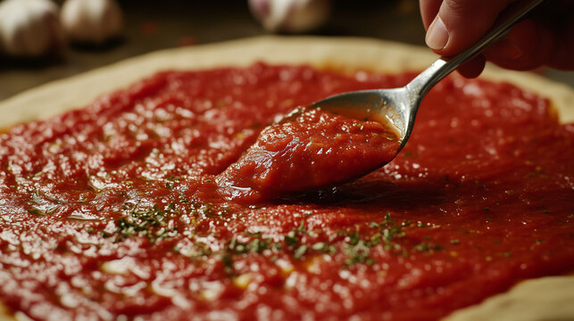 A hand is evenly spreading tomato sauce over raw pizza dough, with garlic visible in the background. The tomato sauce is a vibrant red color with a slight shine