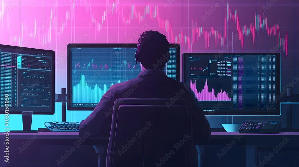 Poster Trader Analyzing Financial Data and Charts on Multiple Monitors